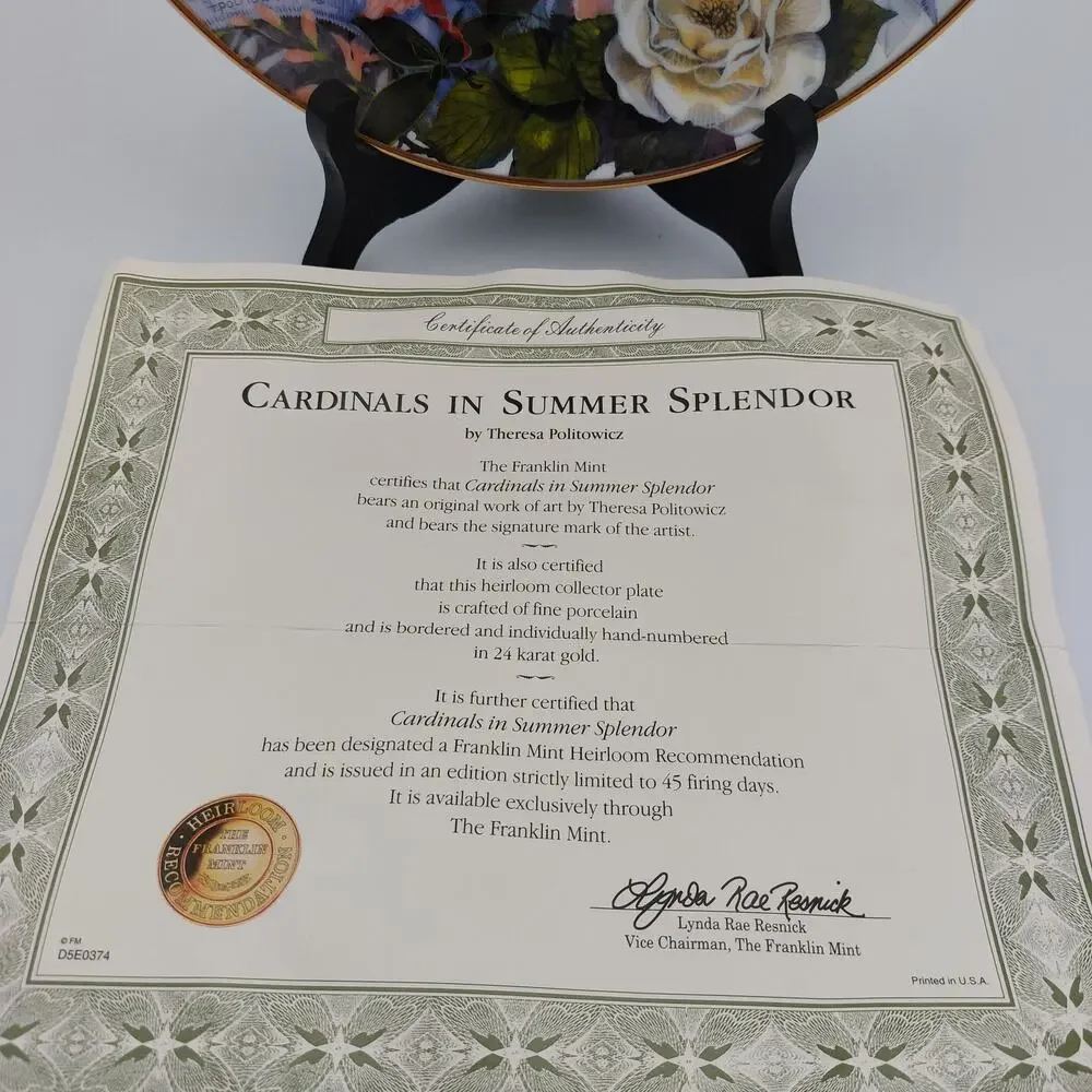 Vintage Theresa Politowicz Cardinals Plate COA, Franklin Mint Birds Decor Gift